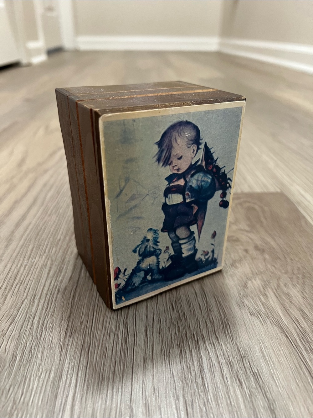 Vintage TOYO Wooden Music Box Hummel Style Boy & Dog Japan